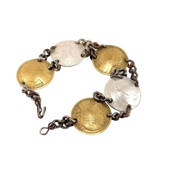 WWII Sweetheart Bracelet French Coin Bracelet With Brass Silver Coins Chain Link - Picture 7 of 7